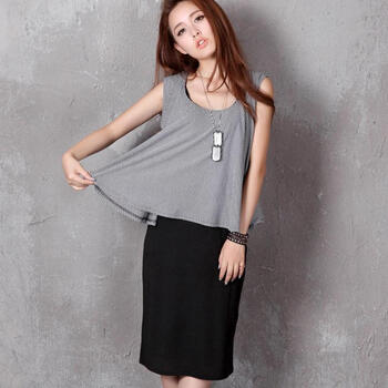 韩都衣舍 韩国2012夏装新款女裙条纹两件套连衣裙DL1294 黑色 M