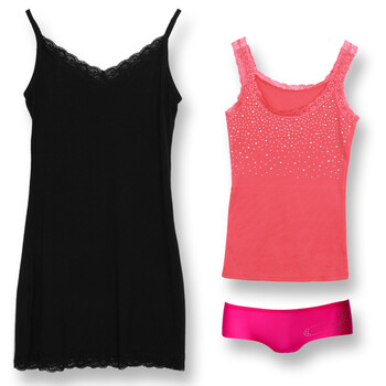 荻荻 2012超值我爱你套装 夏季新款莫代尔吊带睡裙和一套百搭烫钻款（打底背心+内裤） 玫红 均码