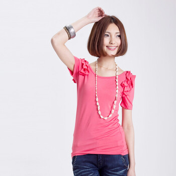 天使园 2012春夏新品T恤荡领花朵印花短袖女款黑色白色西瓜红 WD11E-207 西瓜红 均码