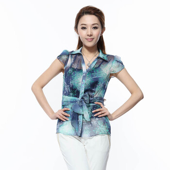 O.SA2012夏装新韩版女装时尚短袖印花雪纺衬衫SC22117 蓝色 XL