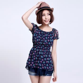天使园 2012春夏新品小碎花中长款雪纺衫女款深蓝色 WD11F-203 深蓝色 均码