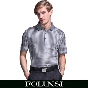 佛伦斯FOLUNSI 男装夏款 方格印花翻领短袖T恤102335-33，67，72 深灰色 54/XXL