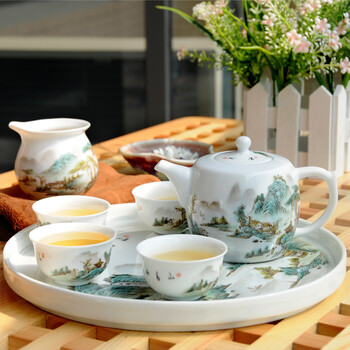 瑧品茶具 陶瓷功夫茶具套装景德镇粉彩手绘山水茶具礼盒装 山高水长