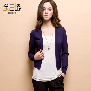 金三塔春装 真丝<em>针织</em>女士肩部装饰<em>针织长袖开</em>