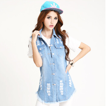 014夏装新款韩版中长款修身牛仔<em>马甲女春夏</em>磨