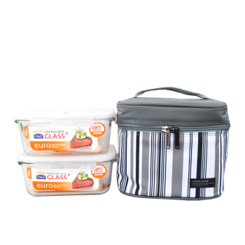 
                                                            乐扣乐扣（LOCK&LOCK） 保鲜盒两件套 耐热玻璃饭盒便当盒 微波炉可用餐盒 冰箱收纳盒含便当包 灰白条纹740ml*2                