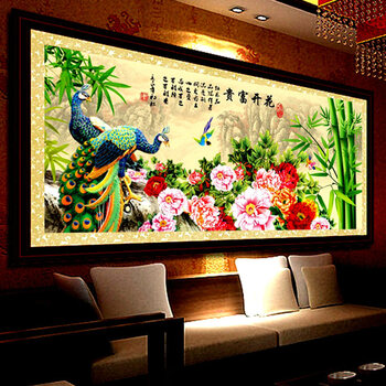 
                                        悠趣 竹报平安花开富贵 牡丹孔雀图 精准印花十字绣大幅 客厅风景装饰 满绣大版175*81cm-丝线                