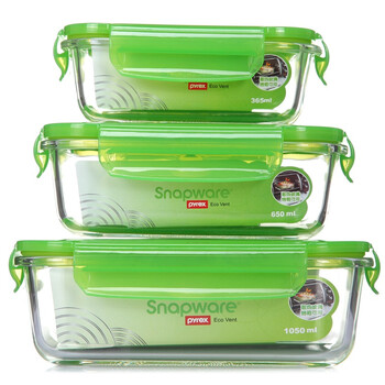 康宁Snapware 带气孔耐热玻璃保鲜盒3件套SP-3EV361RC-GR/TB