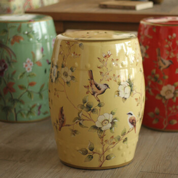 鸟与花家欧式美式乡村家居装饰品梳妆凳换鞋凳子手绘花鸟陶瓷鼓凳 绿色TC212A
