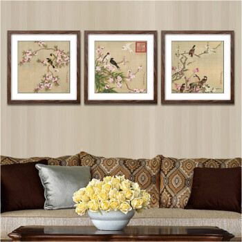 盛世壹品 客厅装饰画中式挂画三联山水墨国画装饰字画书法餐厅沙发背景墙画卧室家饰 简装特价   桃花腊梅梅花三联组合款 60cmX60cmX3幅