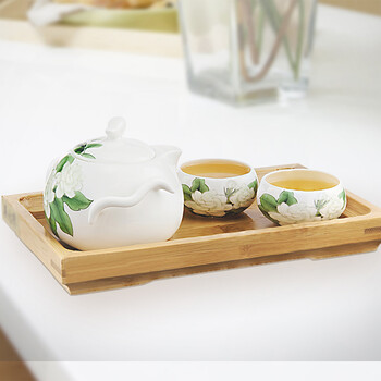 吴裕泰茶具 茉莉花开双耳手把壶套组 200ml/1茶壶,2茶杯,1竹制茶盘