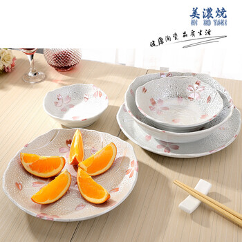 日本餐具 进口陶瓷 日本陶瓷 美浓烧餐具樱花盘子碗碟套装 陶瓷碗日式碗 PHY12345 PHY-3P 大汤碗