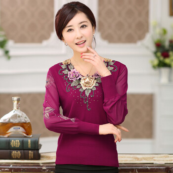 棒约美2014年中老年<em>女装毛衣</em>V领绣花中年妈妈