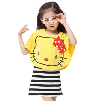 101忠狗<em>女童</em>夏新款猫咪蝙蝠衫条纹<em>连衣裙两件</em>