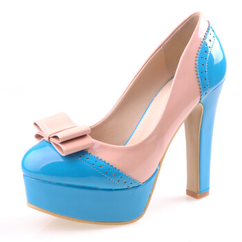 -C 女鞋新款女高跟鞋漆皮单鞋蝴蝶结超高跟防