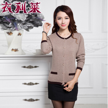 衣利莱新款<em>加厚女式</em>圆领<em>开衫羊绒</em>衫长袖女士时