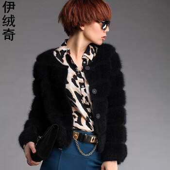 伊绒奇 欧洲站14新款长袖<em>水貂绒</em>短<em>开衫</em>针织女