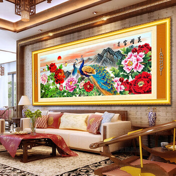 晨轩100%精准印花 花开富贵牡丹孔雀图十字绣 客厅大幅大画精准印花丝线 11CT精准印花丝线 2.0米
