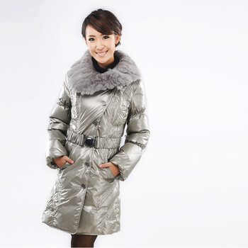 2011秋冬新款 如奕羽绒服 女正品中长款獭兔毛领 银色 XL