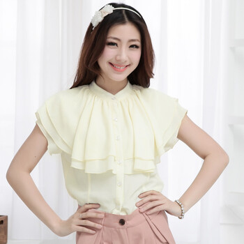 韩都衣舍 韩国2012夏季新款女装雪纺衫短袖双层荷叶边雪纺衫HH1153 象牙色 M