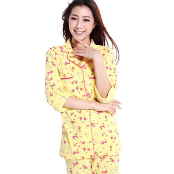 棉花公主 COTTON PRINCESS 春季女装复古小碎花家居服睡衣套装 C0B0216 黄底印玫红花 XL