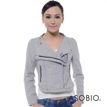 ASOBIO 女装大翻领双排拉链短款夹克 4111413376 浅灰蓝 40