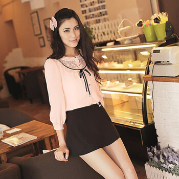 言若 2012新款七分袖圆领缎带蕾丝拼接女式衬衫 SS20311 粉红色 L