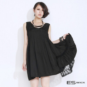 伊思君凯 ESBACK 2012春夏新款 原创个性 蕾丝花边不对称摺裥背心裙ES1002SQZ038 黑色 M