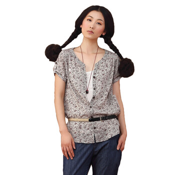 茵曼INMAN2012夏新款袖袢装饰弧形下摆纯棉碎花女衬衫Y822042552 灰色 XL