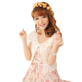 媚婍Maykii春装2012新款日系女装甜美百搭短袖蕾丝小外搭/小外套 杏色 均码