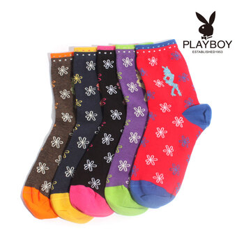 PLAYBOY 花花公子 时尚可爱糖果撞色精梳棉女式短筒袜2215 5双装（颜色随机） 混色 均码