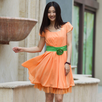 妮蕾迪 2012夏新款优雅甜美修身大摆连衣裙送胸花6661 桔红色 XXL
