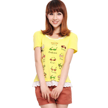 ranzukiy 短袖t恤 2012夏装新款女装 韩版打底衫蕾丝花边花色眼镜 黄色 L