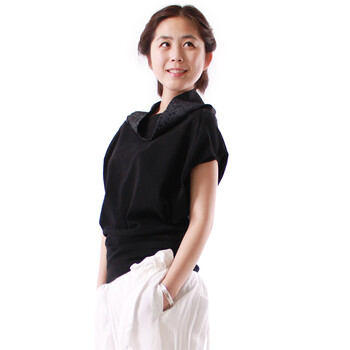 LIN'S莲 原创设计女装 上下两穿堆领韩版印花T恤 立体蝙蝠式春夏短袖上衣L0516 黑色 L