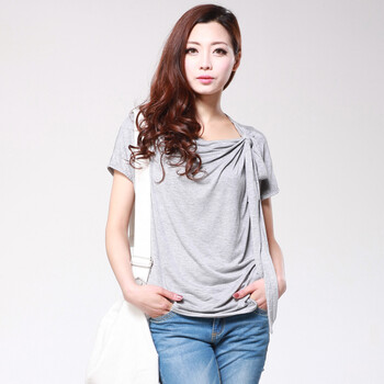 8size 2012夏装新款 加大码女装短袖 胖mm修身显瘦时尚圆领蝴蝶结T恤衫122001002 驼色 XXXL