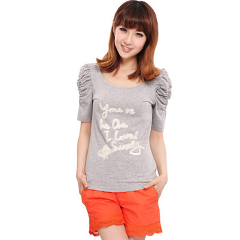 ranzukiy 2012春装新款 亮片字母修身 女式 泡泡袖T恤两件套WA11001 灰色 L