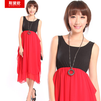 qiustyle新款淑女无袖/背心裙长裙雪纺拼色连衣裙 热情红 均码