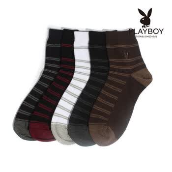 PLAYBOY 花花公子男士纯棉袜时尚经典条纹商务男短筒袜子1097 棕色 均码