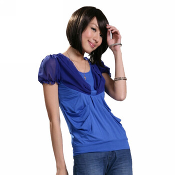 NEWTO 牛头牌 女装雪纺褶皱修身时尚T恤E1084009 蓝色 L(165/88A)