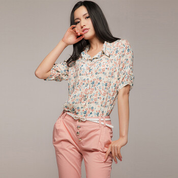 言若 2012休闲百搭衬衫短袖女印花翻领修身短袖衬衣 SK6601V 碎花 均码M