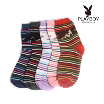 PLAYBOY 花花公子 精梳棉时尚休闲条纹中筒袜女士袜子2216 白/紫 均码