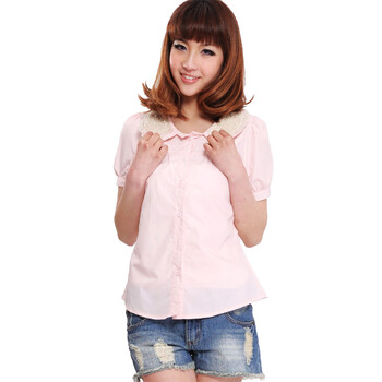 ranzukiy 短袖衬衫 2012夏装新款女装珍珠公主领淑女纯色修身衬衣 粉色 L