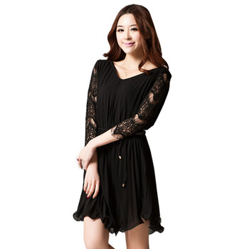 新春新款美丽故事 2012春装 韩版修身蕾丝 连衣裙800498 黑色 M