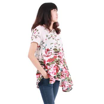 YISESE衣色色全棉薄款淑女印花洋装连帽V领波浪下摆唯美长款蕾丝衫Y0617 白色 大均码XL(适合80-90胸围)