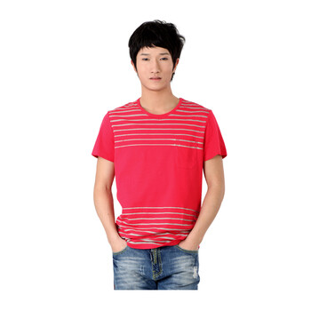 夏装2012新款 Gecom 杰衣谷 时尚休闲圆领印花短袖条纹精梳棉男T恤01030106 酒红色 XL