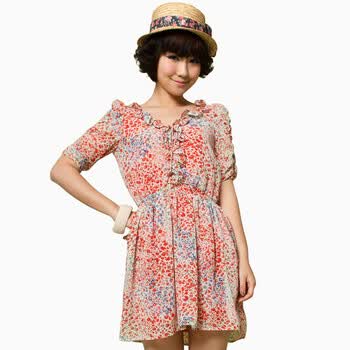 Basic House 百家好 夏装 碎花雪纺连衣裙HLOP322E 白色 165/68A/L