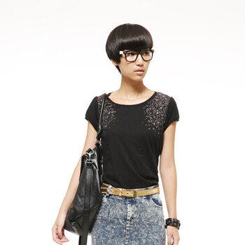 夏装2012新款 Gecom 杰衣谷 女款 不规则铆钉手绘图案泡泡袖圆领纯棉T恤01030064 黑色 XL