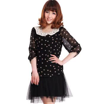 ranzukiy 雪纺衫 2012夏装新款女装 波点公主领 娃娃七分袖衬衫 黑色 L