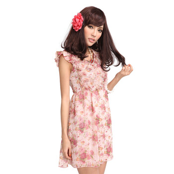 茵佳妮 夏 新品 女装 华丽公主线 玫瑰花形 大碎花 雪纺 连衣裙 5122-1800383 粉色 L