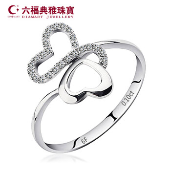 六福典雅珠宝18K<em>白金</em>钻石<em>戒指</em>10分<em>女士戒指</em>蝶